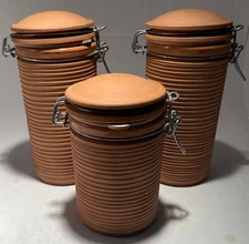 Terra Cotta Clay Storage Canisters Set of 3 w/ Snap on Lids