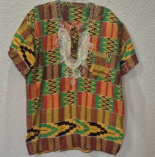 Men's Dashiki Multi-Color Kente Print Short Sleeve Shirt Embroidered Neckline