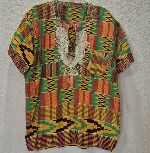 Men's Dashiki Multi-Color Kente Print Short Sleeve Shirt Embroidered Neckline