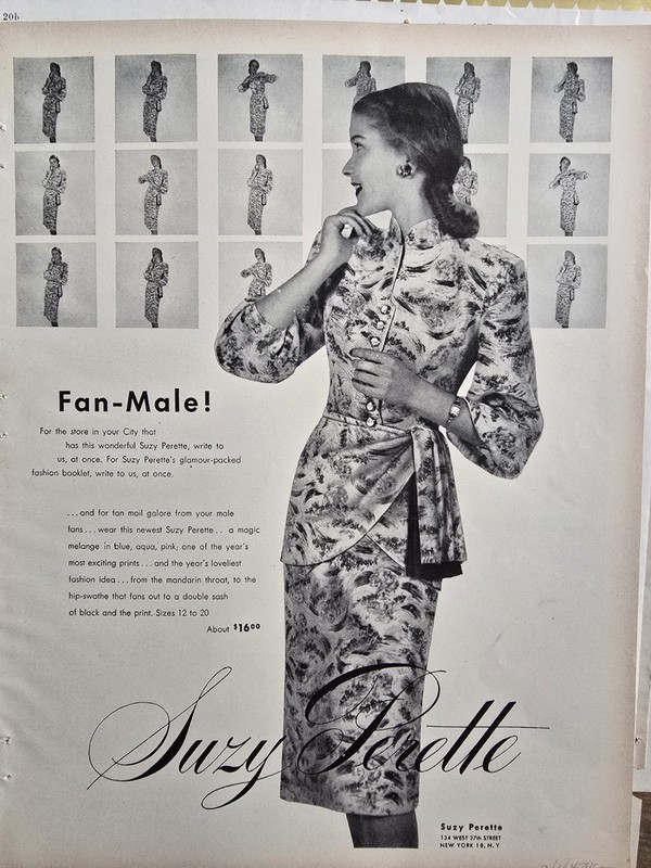 1947 Women's Suzy Perette Pure Fan Male Print Dress Vintage Fashion Ad 