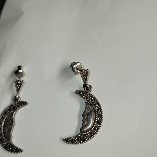 Vtg Estate Sterling Silver Crescent Moon Man Earrings Marcasite Dangle Celestial - Picture 7 of 11