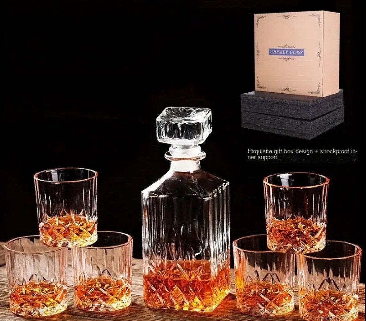 Dekanter ca. 1L Rotwein Weinkaraffe Likör Whisky Cognac mit 6 Gläser