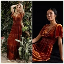 New Anthropologie Somerset Velvet Maxi Dress Honey Gold Tiered Rare Size XL