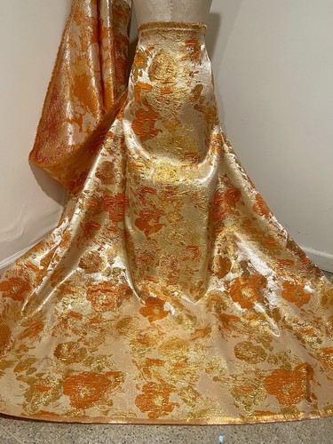 Orange Ivory Gold Floral Metallic Brocade Fabric 58” Width Sold By The Yard