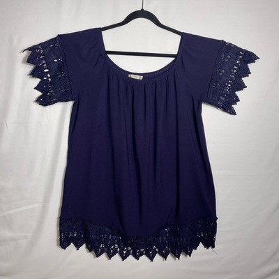 Womens Boho Top Short Sleeve Lace Whimsigoth Fairy Grunge Sz 3X Plus Navy Purple
