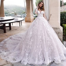 Deep V Long Sleeve 3D Lace Ballgown Cathedral Train Wedding Bridal Gown