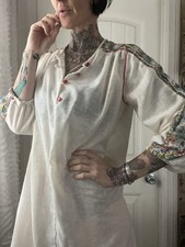 Vtg 70s Cotton Poly Semi Sheer Maxi Kaftan Embroidered Yarn Flowers Boho M/L