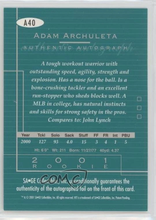 2001 SAGE Hit Auto Adam Archuleta #A40 Rookie Auto RC - Image 2 of 2