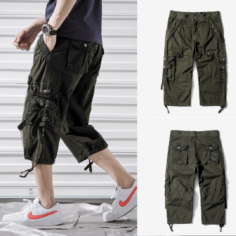 MENS NEW CARGO LONG WALK SHORTS 8 POCKET BELOW KNEE CASUAL PANTS