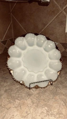 Vintage Anchor Hocking Milk Glass Deviled Egg Plate with Gold Trim Ornate Bottom