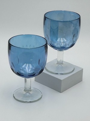Set of 2 Vintage Barlett Collins Thumbprint Iridescent Blue Goblets 1960 s