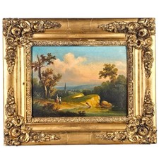 Tableau Ancien Paysage Animé Avec Personnage école Française 19éme Cadre Ancien