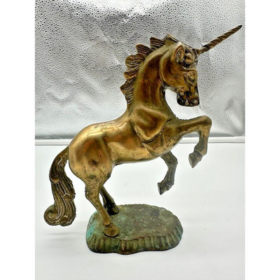 Vintage Bronze Unicorn Figurine Rearing Mythical Statue Antique Patina 7 Inch