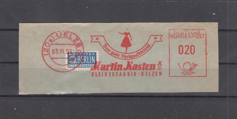 ZB38 Uelzen 20a seltener Absenderfreistempel von 1953 Firma Kasten - Bild 1 von 1
