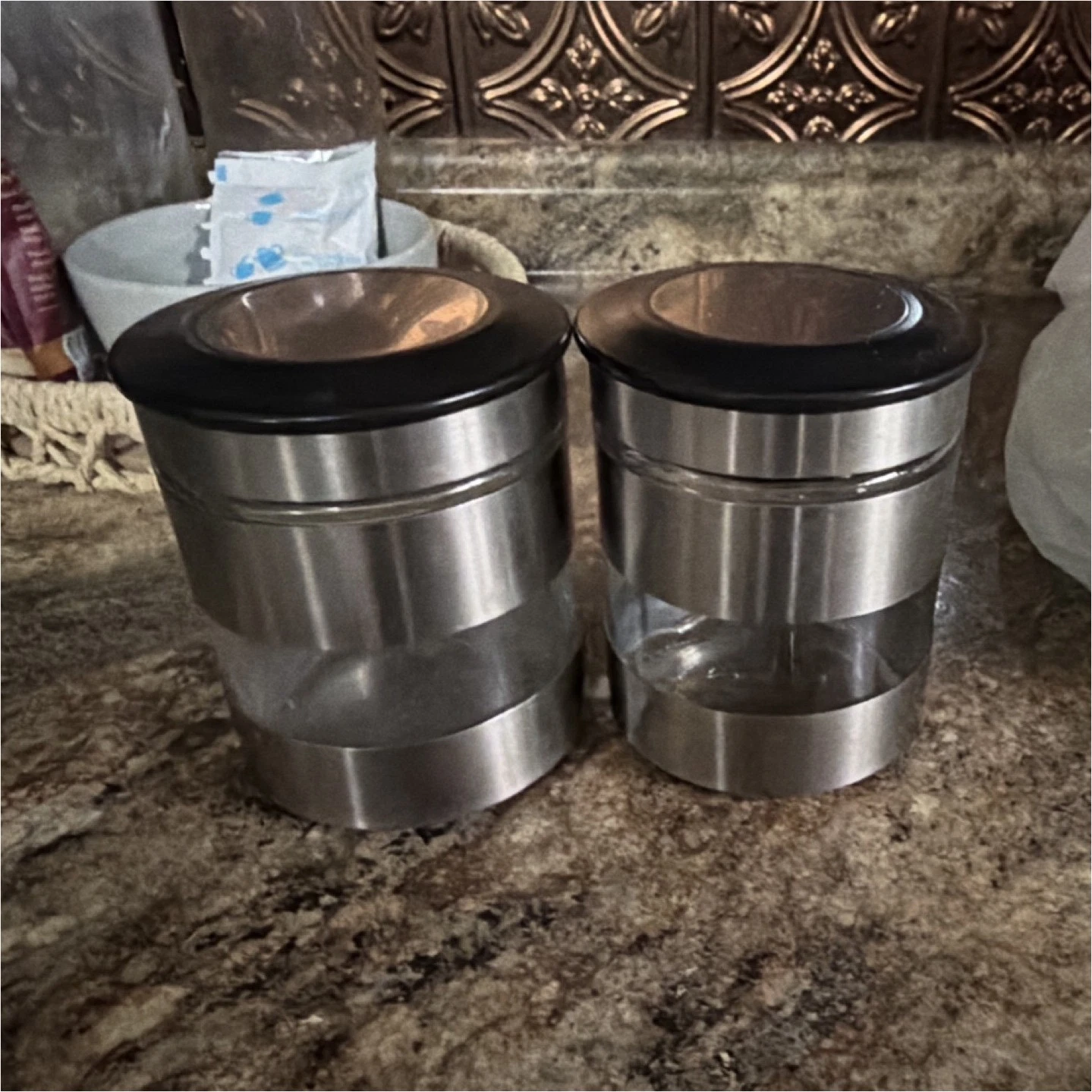Set of 2 Stainless Steel Glass Kitchen Canisters with Black Lids Modern Cylinder