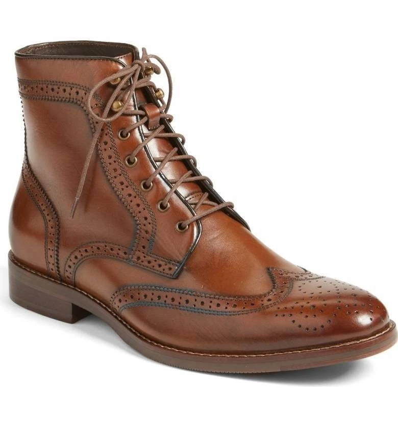 Handmade Men Brown Wingtip Brogue Lace Up High Ankle Leather Boots For Men