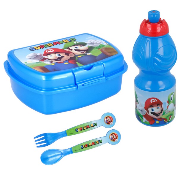 Super Mario Luigi Kinder 4 Teiliges Set Brotdose Gabel LöFfel Trinkflasche-image
