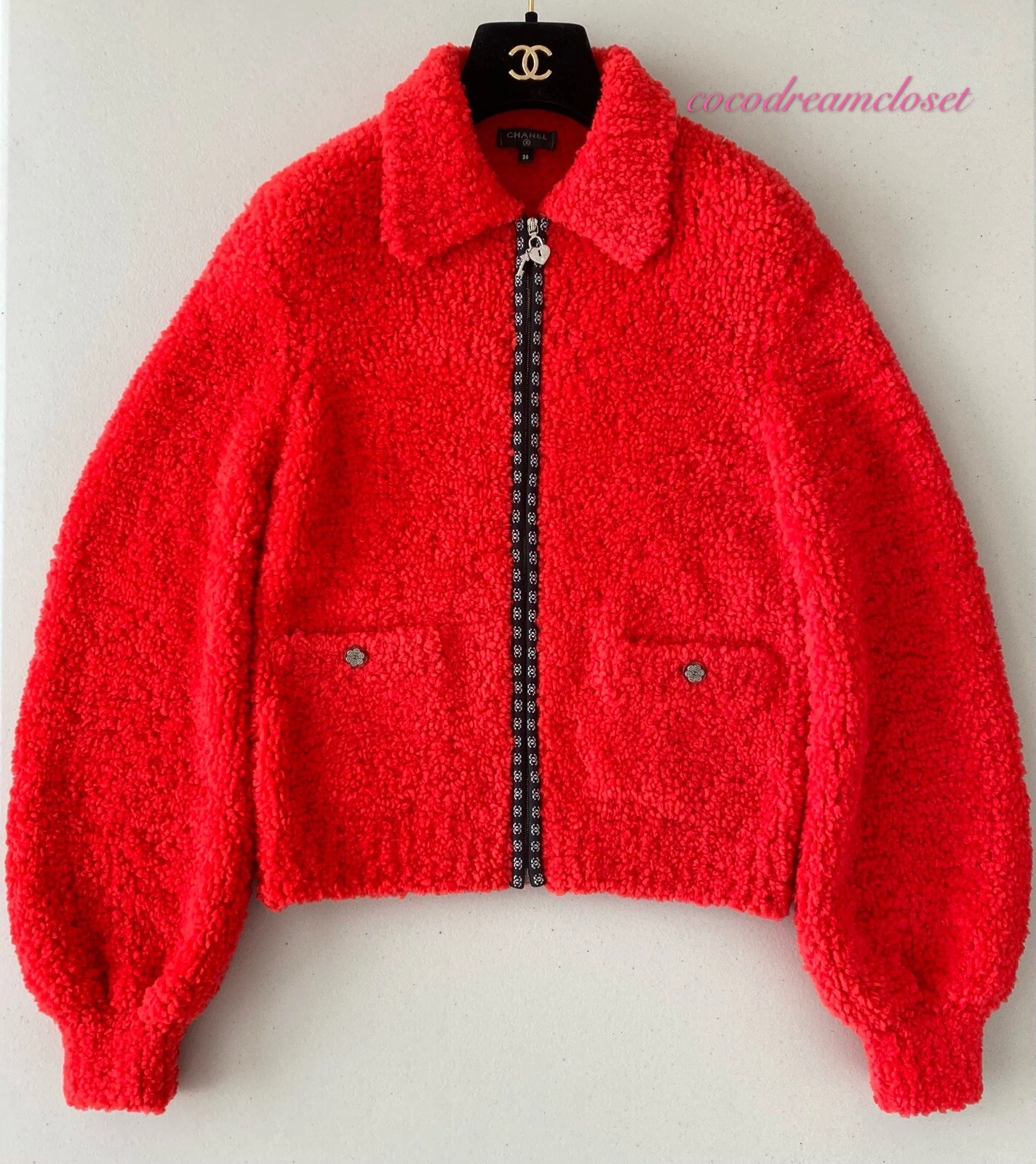 CHANEL 19K ROSSO ORSACCHIOTTO GRANDE LOGO CC MAGLIONE CARDIGAN GIACCA CAPPOTTO TG 36