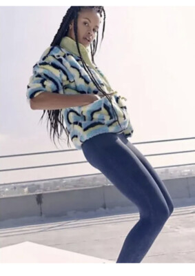 NEW FREE PEOPLE FP MOVEMENT ROCKY RIDGE BLUE PRINTED FLEECE JACKET COAT  XLARGE