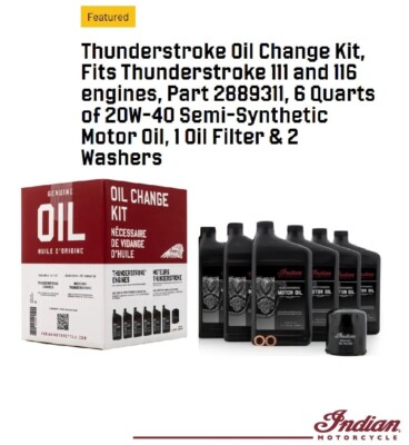 Indian MC Thunderstroke 111 & 116 Semi Synthetic 20W-40 Oil Change Kit- 2889311