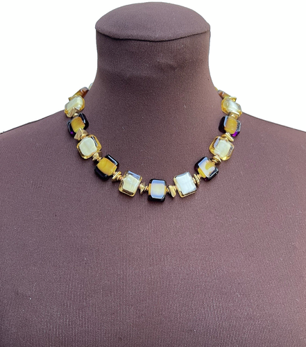 Perini Italy Murano Venetian Glass Square Ivory/Brown Gold Bead Necklace - Picture 13 of 13