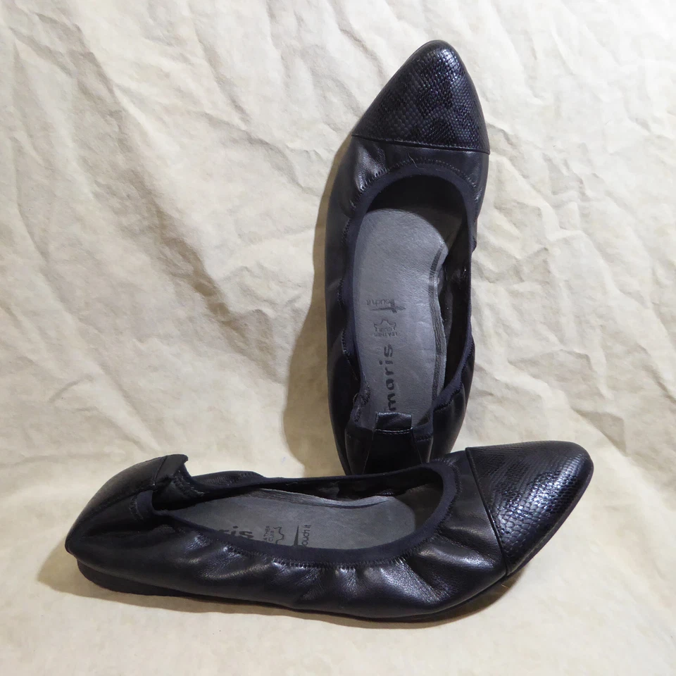 🩰 Zapatos planos de ballet Tamaris puntiagudos talla 9 M (39,5) cuero negro; puntera Foto 2 de 4