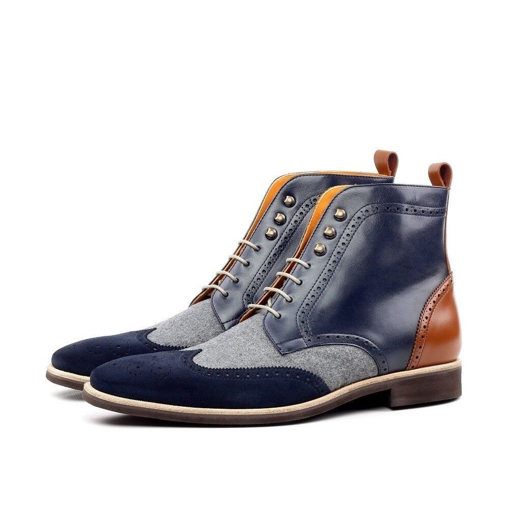 Handmade Men two tone Boots Men grey and blue formal boots, Men dress Boots  7-17