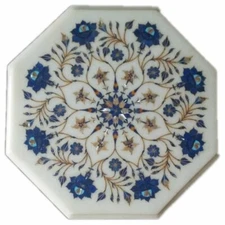 12" Marble Corner Table top handmade floral inlay semi precious stones work