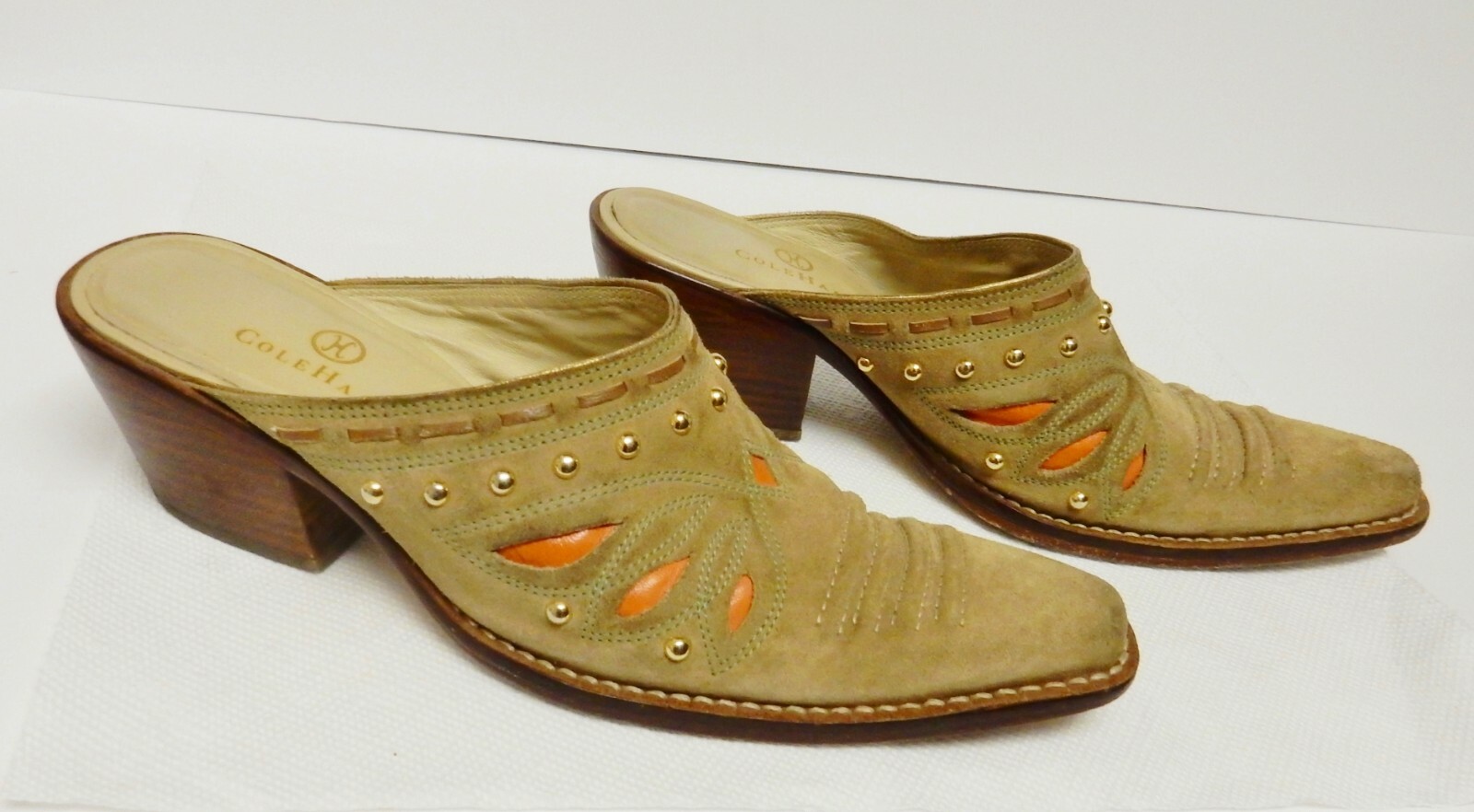 COLE HAAN Western Mules Shoes Slides Suede Leather Inlay Brazil