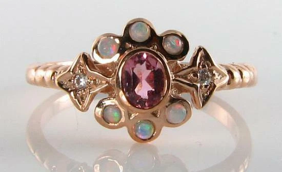 Anillo 9CT Oro Rosa Rosa Brillante con Turmalina, Ópalo y Diamante Luna Estrella