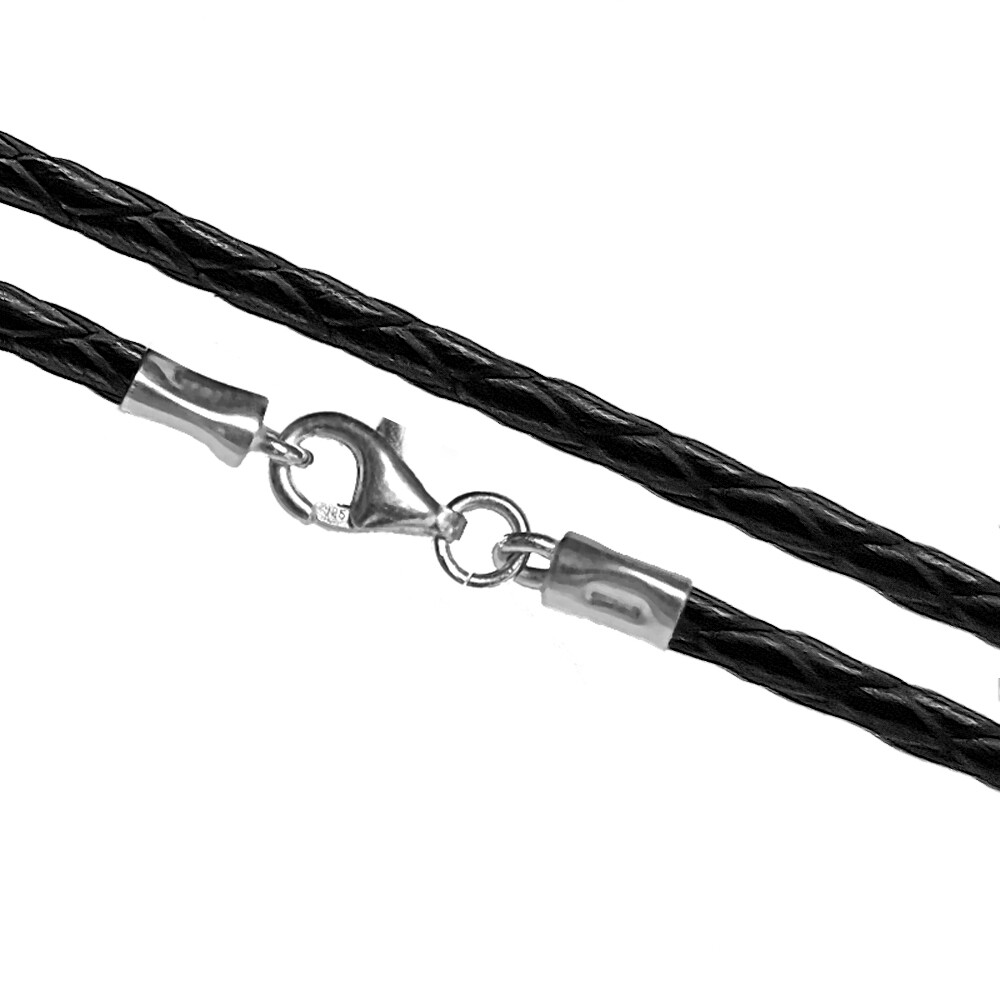 3mm BLACK BRAIDED LEATHER CORD NECKLACE 925 STERLING SILVER CLASP 8