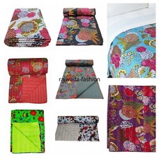 Vintage Kantha Quilt Indian Handmade Throw Reversible Blanket Bedspread Cotton