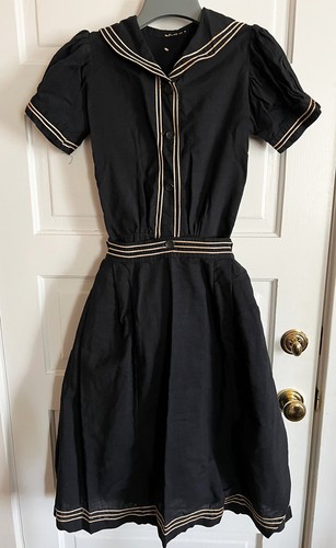 Antique Early 1900's Edwardian Navy & White Trim Swimsuit Romper/Skirt attached - Picture 3 of 18
