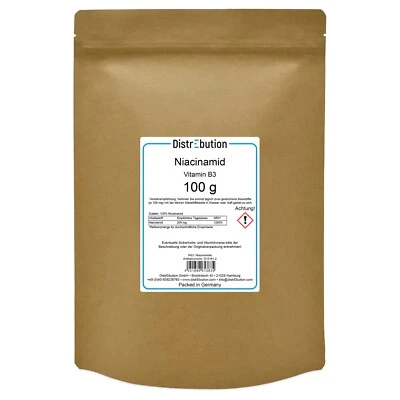 DISTREBUTION Vitamin B3 Niacin Pulver 100g Flush-Free reines Niacinamid Lebensmittelqualität