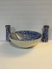 Vintage Blue And White Ceramic Serving Bowl, oil and vinegar Cruets Bottle Set