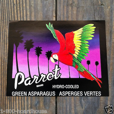 Vintage Original GREEN ASPARAGUS PARROT VEGETABLE Crate Box Label 1970s NOS