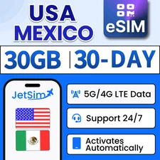 USA Mexico eSIM -30GB High-Speed, 30 Day JetSim/Travel SIM