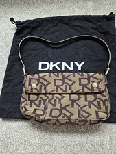 DKNY Beige Brown Logo Canvas Shoulder Bag, Leather Strap, Dust Bag, Magnetic