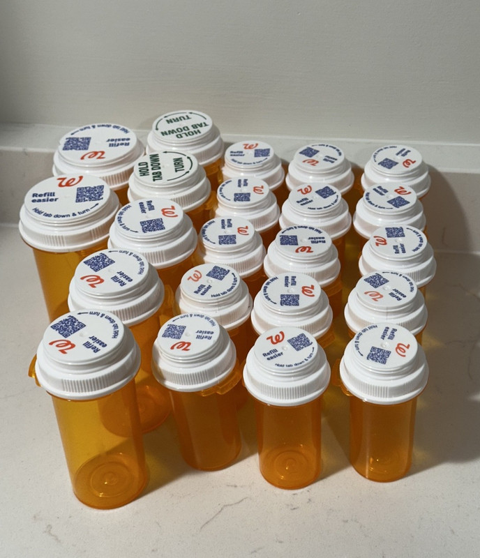 Lot of 22 Empty Plastic Amber Prescription Bottles - clean with no adhesive