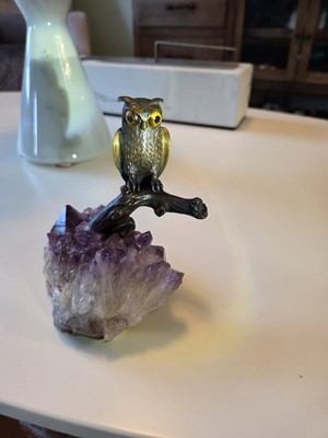 Vintage Owl on Natural Amethyst Crystal Cluster Sculpture Bronze Metal 66/5000