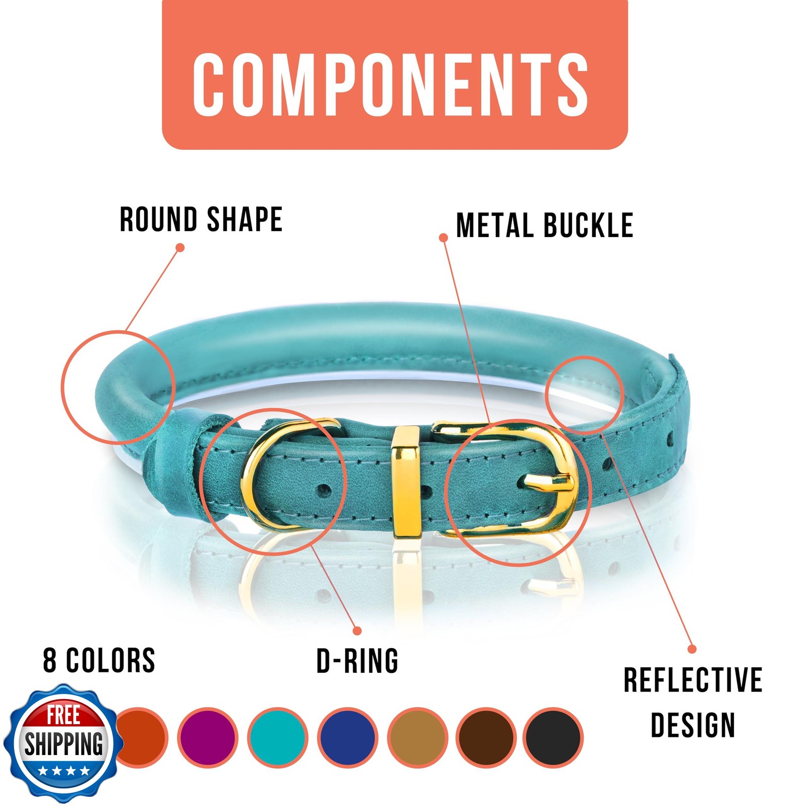 OOPSDOGGY Reflective Rolled Leather Dog Collar Adjustable Soft Padded Pet Col