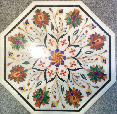 Octagonal White Marble 24'' Table top with Handmade fauna inlay art