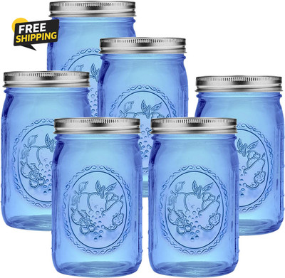 Blue Wide Mouth Mason Jars 32 Oz,6 Pack Colored Quart Glass Canning Jars