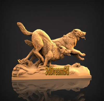 Two wolves STL Model, CNC Router, Engraver, Artcam, Aspire, Wood Art