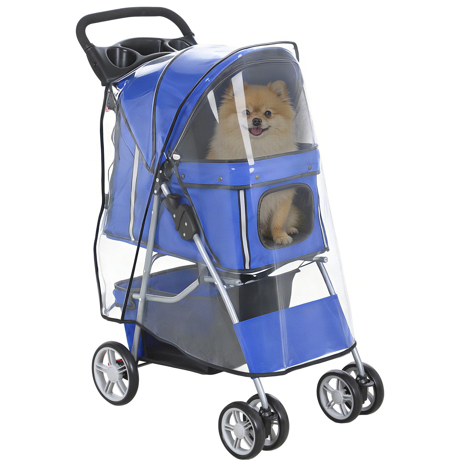 PawHut Passeggino per Cani Pieghevole con Copertura Antipioggia e Cuscino Blu