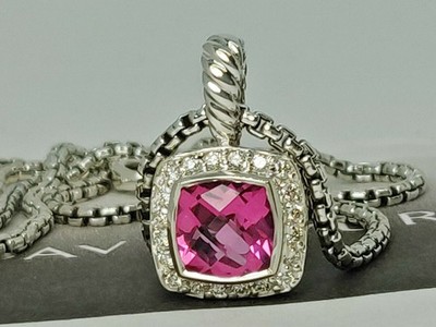 David Yurman Petite Albion Halskette mit Anhänger rosa Turmalin & Diamanten 16-17 Fuß