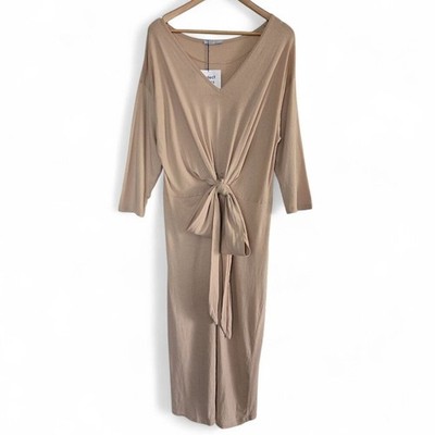 NWT Zara Perfect Basics Tie Front Dress Women's V Neck Lightweight Nude Tone S