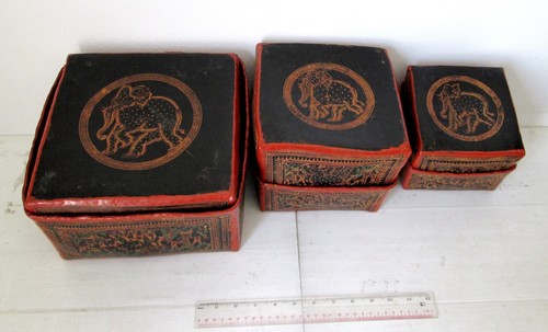 Antiguo Juego 3 en 1 Bagan Laca Budista Monje Cajas de Oferta Diseño Elefante - Imagen 3 de 7