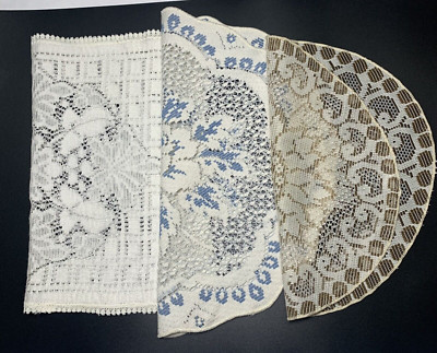 3 Doilies Blue Brown Cream White Round Rectangle Floral