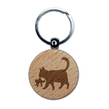 Yule Cat Taking Child Christmas Engraved Wood Round Keychain Tag Charm
